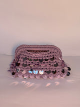 Dusty lilac crochet clutch covered in iridescent paillettes with an integrated top handle
