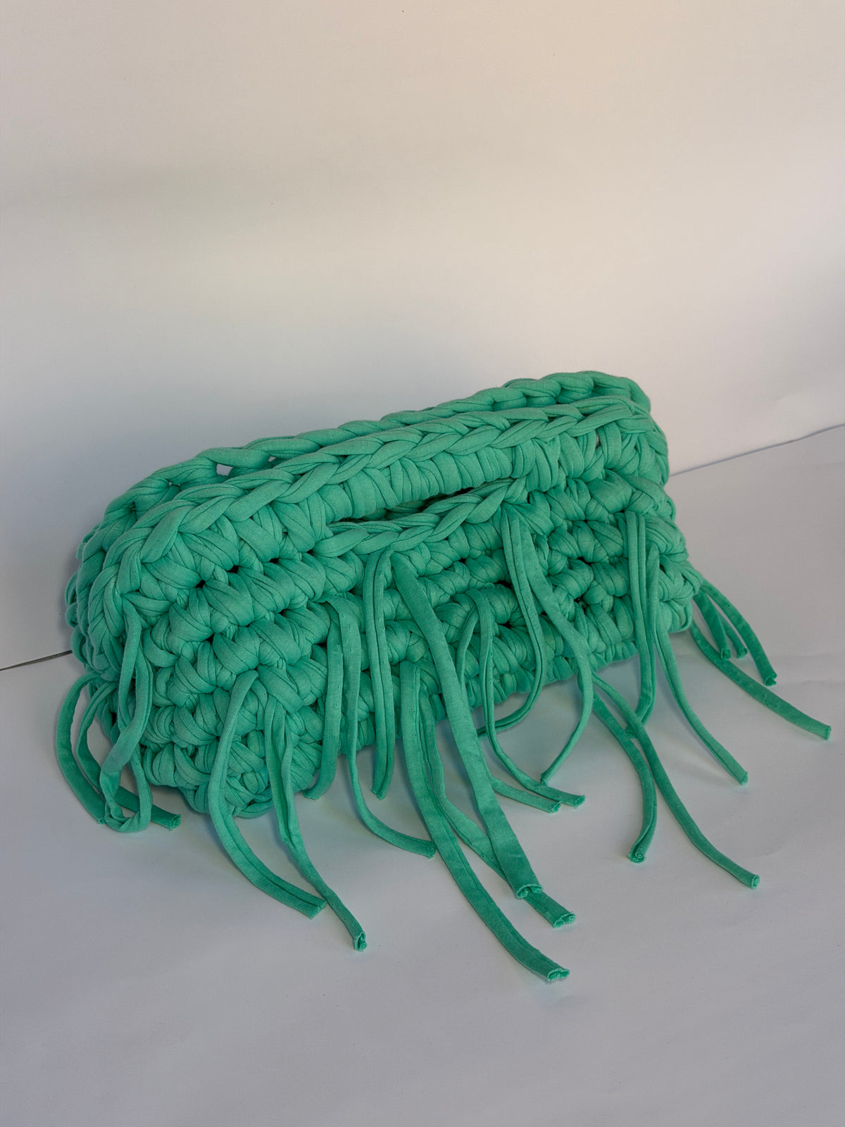 Mint green crochet clutch with a long fringe, by Blessed by Dea-Victoria