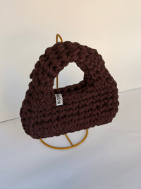 Deep plum-brown crochet bag with a rounded top handle