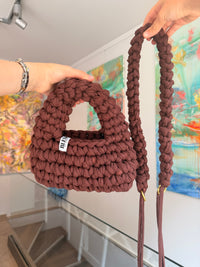 Deep brown crochet shoulder bag with a hand-braided strap