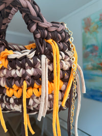Striped cotton tube yarn Sasha bag in Tangerine and Taupe, crocheted by hand